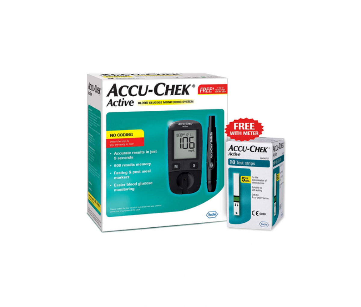 Accu-Chek Active Blood Glucometer Kit (Box of 10 Test strips Free)